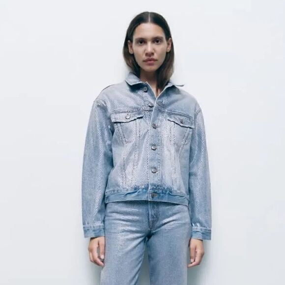 ZARA ZW RHINESTONE DENIM JACKET - Picture 5 of 11